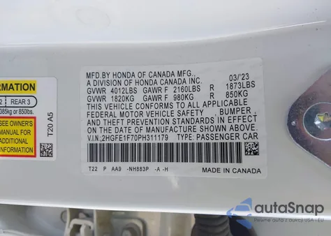 2023 Honda Civic Ex /Ex W/O Bsi из США, поврежденный, VIN 2HGFE1F70PH311179